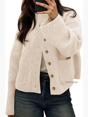 Chunky Knit Cardigan Sweater Mock Neck Button Front Pockets Winter Outerwear